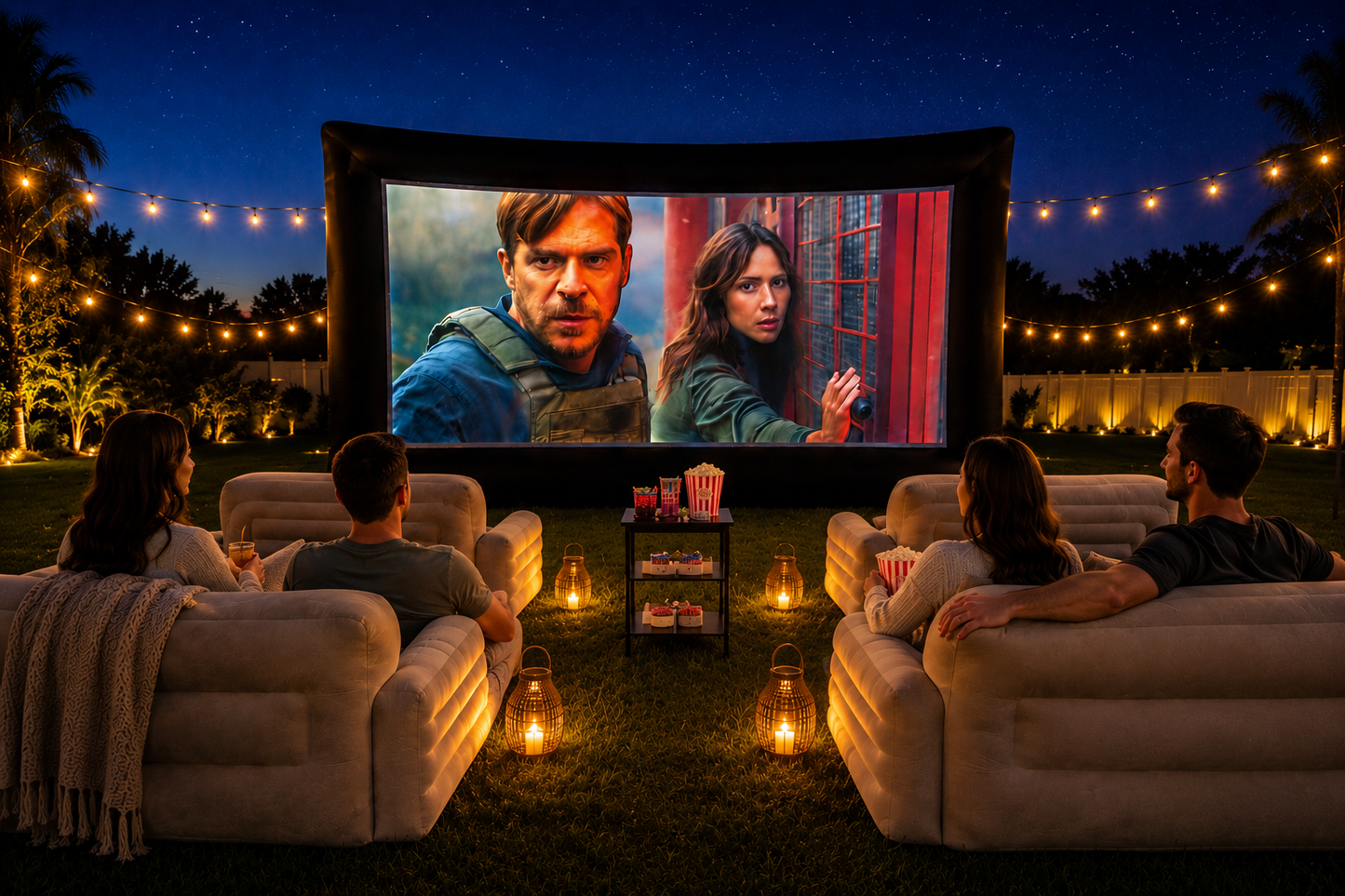 Outdoor movie night setup with inflatable screen and projector